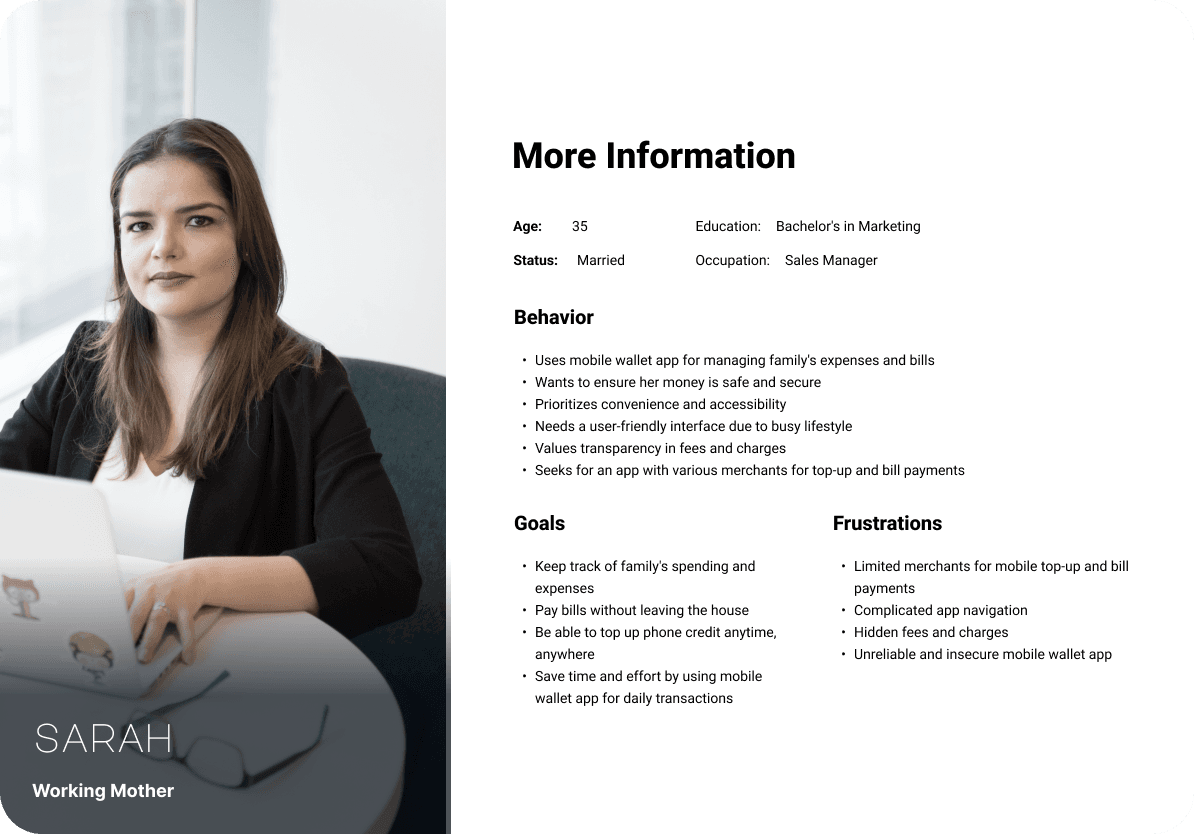 Sarah - User Persona - JazzCash Redesign Case Study